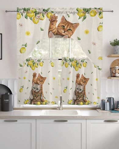 Tier and Swag Window Curtain Set,Cute Cat Summer Lemon Rod Pocket Kitchen Curtains Swag Valance Tier,Pastoral Farm Fruit Floral Leaf Retro Linen Light Filtering Window Treatment for Cafe Bedroom Home in Saudi Arabia