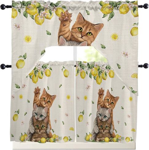 Tier and Swag Window Curtain Set,Cute Cat Summer Lemon Rod Pocket Kitchen Curtains Swag Valance Tier,Pastoral Farm Fruit Floral Leaf Retro Linen Light Filtering Window Treatment for Cafe Bedroom Home in Saudi Arabia
