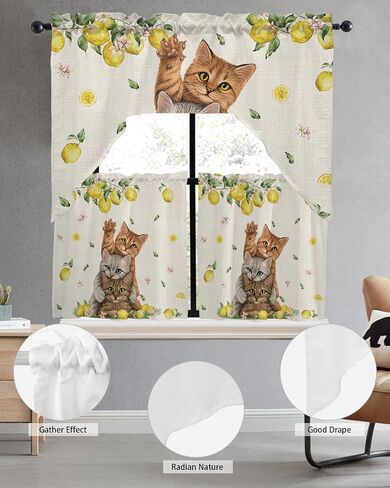 Tier and Swag Window Curtain Set,Cute Cat Summer Lemon Rod Pocket Kitchen Curtains Swag Valance Tier,Pastoral Farm Fruit Floral Leaf Retro Linen Light Filtering Window Treatment for Cafe Bedroom Home in Saudi Arabia