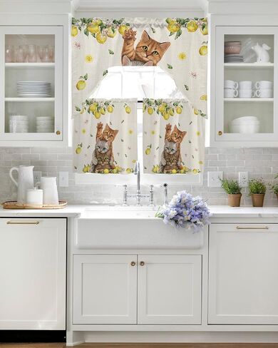 Tier and Swag Window Curtain Set,Cute Cat Summer Lemon Rod Pocket Kitchen Curtains Swag Valance Tier,Pastoral Farm Fruit Floral Leaf Retro Linen Light Filtering Window Treatment for Cafe Bedroom Home in Saudi Arabia