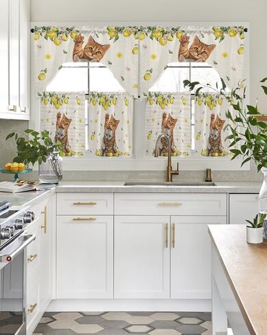 Tier and Swag Window Curtain Set,Cute Cat Summer Lemon Rod Pocket Kitchen Curtains Swag Valance Tier,Pastoral Farm Fruit Floral Leaf Retro Linen Light Filtering Window Treatment for Cafe Bedroom Home in Saudi Arabia