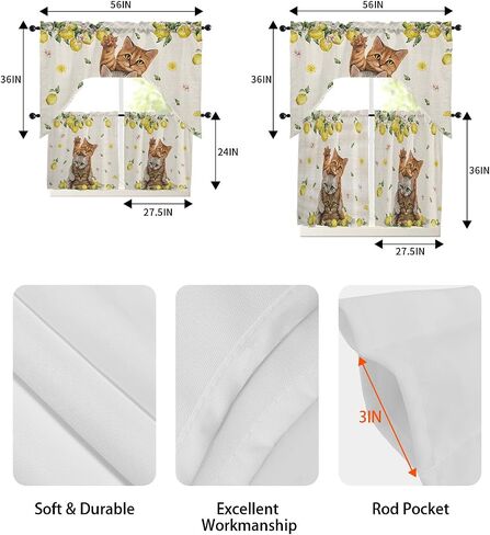 Tier and Swag Window Curtain Set,Cute Cat Summer Lemon Rod Pocket Kitchen Curtains Swag Valance Tier,Pastoral Farm Fruit Floral Leaf Retro Linen Light Filtering Window Treatment for Cafe Bedroom Home in Saudi Arabia