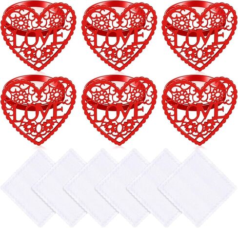 Set of 12 Valentine's Day Napkin Rings Red Heart Napkin Holders Love Napkin Holder Rings and Cloth Napkins White Dinner Napkins for Valentines Holidays Anniversaries Weeding Parties Applications in Saudi Arabia