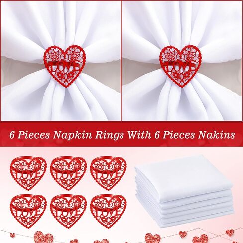 Set of 12 Valentine's Day Napkin Rings Red Heart Napkin Holders Love Napkin Holder Rings and Cloth Napkins White Dinner Napkins for Valentines Holidays Anniversaries Weeding Parties Applications in Saudi Arabia