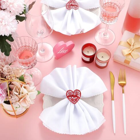 Set of 12 Valentine's Day Napkin Rings Red Heart Napkin Holders Love Napkin Holder Rings and Cloth Napkins White Dinner Napkins for Valentines Holidays Anniversaries Weeding Parties Applications in Saudi Arabia