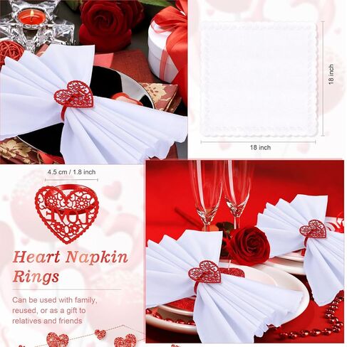 Set of 12 Valentine's Day Napkin Rings Red Heart Napkin Holders Love Napkin Holder Rings and Cloth Napkins White Dinner Napkins for Valentines Holidays Anniversaries Weeding Parties Applications in Saudi Arabia