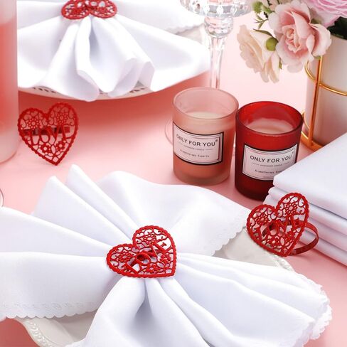 Set of 12 Valentine's Day Napkin Rings Red Heart Napkin Holders Love Napkin Holder Rings and Cloth Napkins White Dinner Napkins for Valentines Holidays Anniversaries Weeding Parties Applications in Saudi Arabia
