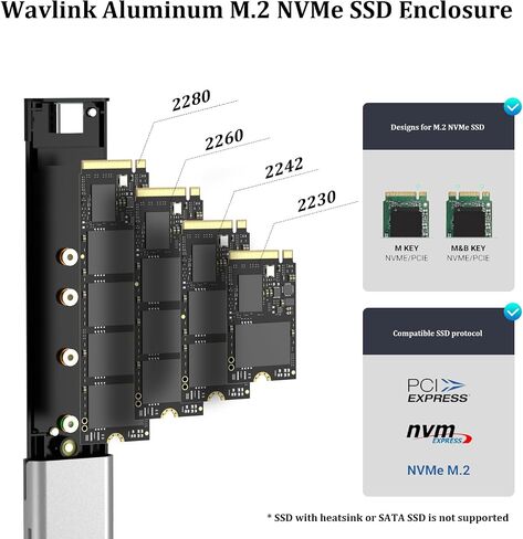 WAVLINK Aluminum NVMe Enclosure, USB Type-C 10Gbps to NVMe M.2 SSD Enclosure, NVMe PCI-E M.2 SSD Case Support UASP for NVMe SSD Size 2230/2242/2260/2280 (up to 2TB) with Type-C OTG Converter in Saudi Arabia