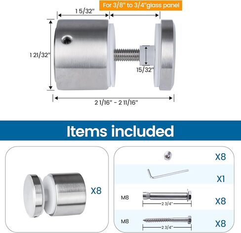 Muzata 8Pack Glass Standoff Screws 1 21/32 inch Heavy Duty Stainless Steel Glass Pin for Glass Railing Side Mount, GA05 SL4 in Kuwait