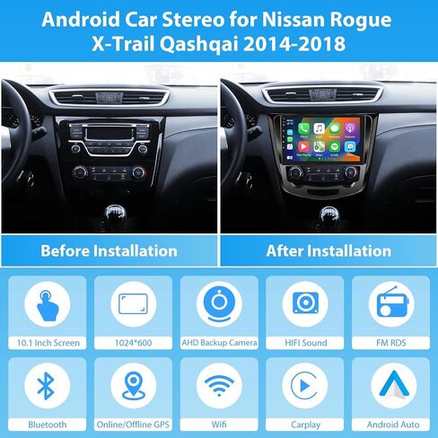 لسيارة Nissan Rogue X-Trail Qashqai 2014-2018، 2+64G يدعم ستيريو السيارة Android Carplay اللاسلكي وAndroid Auto مع شاشة لمس 10.1 بوصة WiFi GPS Buetooth HiFi FM/RDS مستقبل راديو USB كاميرا احتياطية in Saudi Arabia