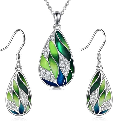 925 Sterling Silver Green Earrings for Women Enamel Leaf Jewelry Set in Saudi Arabia