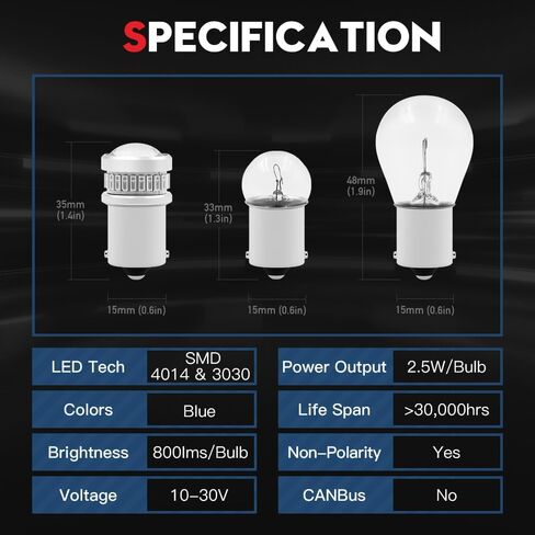 VehiCode 12V/24V 67 89 97 631 1003 5008 LED لمبة زرقاء بديلة لـ 1156 1141 RV Camper Marine Boat الداخلية قبة عفريت ضوء مجاملة 7506 P21W سيارة بدوره إشارة مصباح المناظر الطبيعية في الهواء الطلق (2 حزمة) in Kuwait