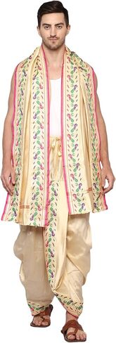 Rameshwaram Fabrics Peacock Border Indian Wedding Dress Dhoti for men, Readymade Ready to Wear Stitched Dhoti with Stole in Saudi Arabia