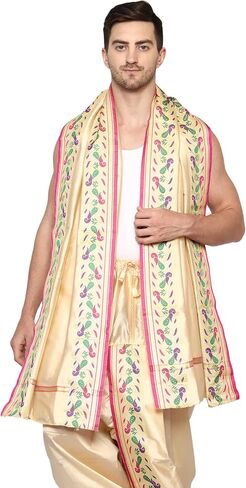 Rameshwaram Fabrics Peacock Border Indian Wedding Dress Dhoti for men, Readymade Ready to Wear Stitched Dhoti with Stole in Saudi Arabia