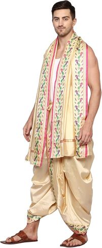 Rameshwaram Fabrics Peacock Border Indian Wedding Dress Dhoti for men, Readymade Ready to Wear Stitched Dhoti with Stole in Saudi Arabia