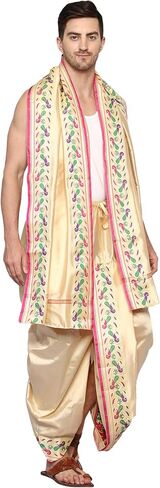 Rameshwaram Fabrics Peacock Border Indian Wedding Dress Dhoti for men, Readymade Ready to Wear Stitched Dhoti with Stole in Saudi Arabia