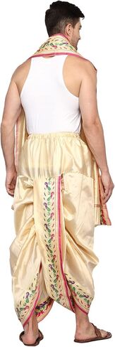 Rameshwaram Fabrics Peacock Border Indian Wedding Dress Dhoti for men, Readymade Ready to Wear Stitched Dhoti with Stole in Saudi Arabia