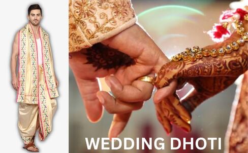 Rameshwaram Fabrics Peacock Border Indian Wedding Dress Dhoti for men, Readymade Ready to Wear Stitched Dhoti with Stole in Saudi Arabia