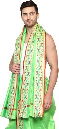 Rameshwaram Fabrics Peacock Border Indian Wedding Dress Dhoti for men, Readymade Ready to Wear Stitched Dhoti with Stole in Saudi Arabia