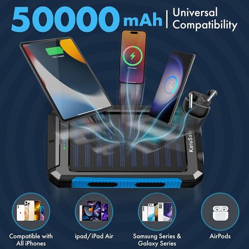 Solar Power Bank Portable Charger 50000mah Battery Pack QC3.0 Fast Charger 20W 2 USB Camping Solar Panels Waterproof Travel External Backup Phone Charger for iPhone, Samsung, Android Black+Black in Saudi Arabia