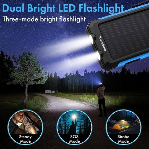 Solar Power Bank Portable Charger 50000mah Battery Pack QC3.0 Fast Charger 20W 2 USB Camping Solar Panels Waterproof Travel External Backup Phone Charger for iPhone, Samsung, Android Black+Black in Saudi Arabia