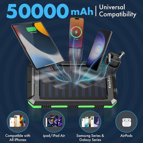 Solar Power Bank Portable Charger 50000mah Battery Pack QC3.0 Fast Charger 20W 2 USB Camping Solar Panels Waterproof Travel External Backup Phone Charger for iPhone, Samsung, Android Black+Black in Saudi Arabia