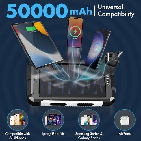 Solar Power Bank Portable Charger 50000mah Battery Pack QC3.0 Fast Charger 20W 2 USB Camping Solar Panels Waterproof Travel External Backup Phone Charger for iPhone, Samsung, Android Black+Black in Saudi Arabia