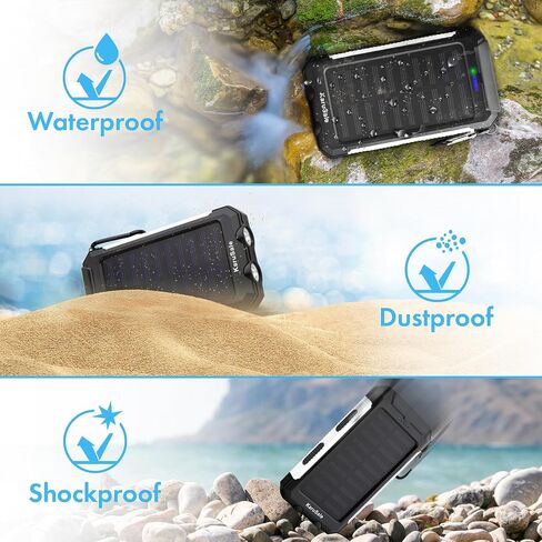 Solar Power Bank Portable Charger 50000mah Battery Pack QC3.0 Fast Charger 20W 2 USB Camping Solar Panels Waterproof Travel External Backup Phone Charger for iPhone, Samsung, Android Black+Black in Saudi Arabia