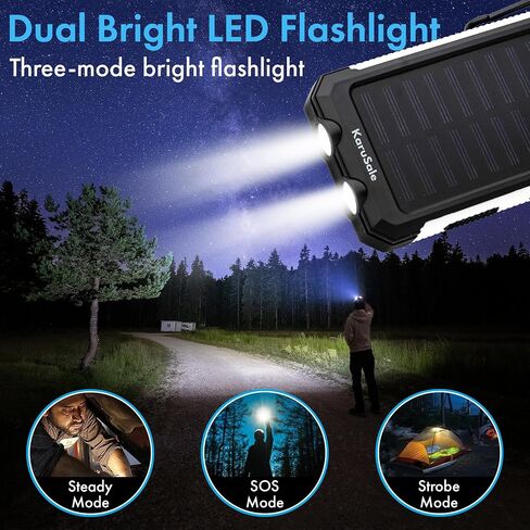 Solar Power Bank Portable Charger 50000mah Battery Pack QC3.0 Fast Charger 20W 2 USB Camping Solar Panels Waterproof Travel External Backup Phone Charger for iPhone, Samsung, Android Black+Black in Saudi Arabia
