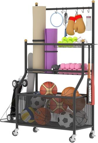 Garage Sports Equipment Organizer Rack for Home Gym Black Rolling Basketball Holder sports equipment storage Indoor/Outdoor in Kuwait
