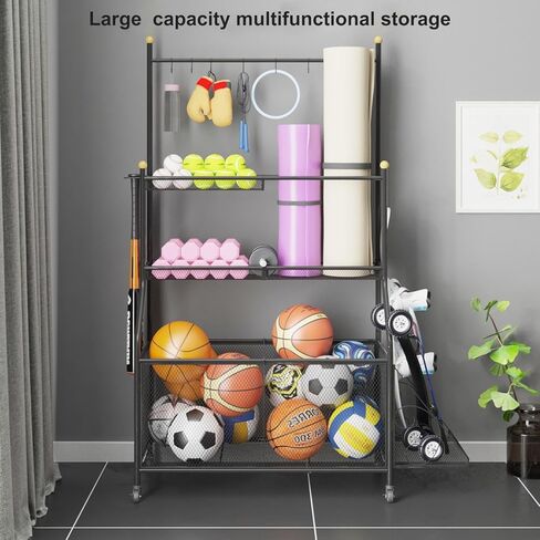 Garage Sports Equipment Organizer Rack for Home Gym Black Rolling Basketball Holder sports equipment storage Indoor/Outdoor in Kuwait