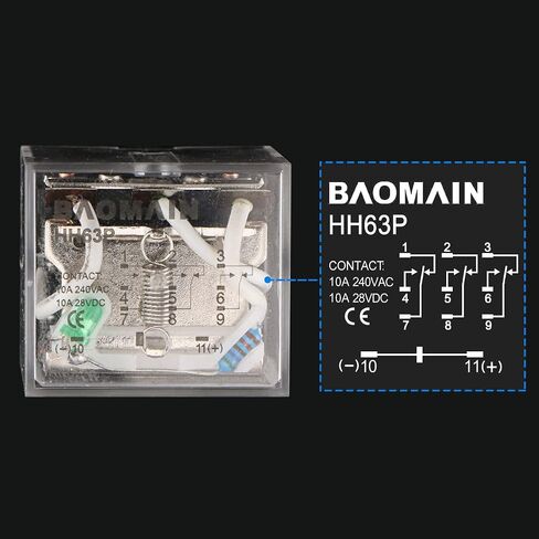 Baomain General Purpose Power Relay,HH63P (LY3) DPDT 11 Pins DC 12V 3NO 3NC,Green LED Indicator PCB Power Relay in Saudi Arabia