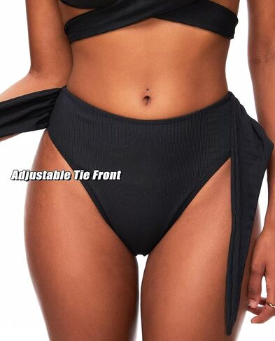 TZLDN High Waisted Bikini Bottoms for Women High Cut Cheeky Tie Front Ribbed Swimsuit Bathing Suit Bottom in Kuwait