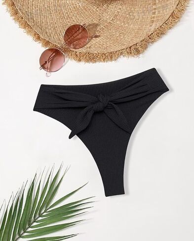 TZLDN High Waisted Bikini Bottoms for Women High Cut Cheeky Tie Front Ribbed Swimsuit Bathing Suit Bottom in Kuwait