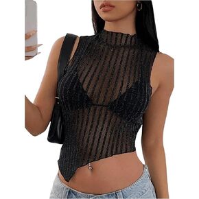 Milumia Women's Glitter Sheer Mesh Top Mock Neck Asymertrical See Through Crop Tops Clubbing Rave in Saudi Arabia