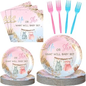Sunnyray 96 Pcs Gender Reveal Plates Napkins Gender Reveal Baby Shower Supplies He or She Baby Shower Party Tableware Set Dessert Plates Napkins Forks for 24 Guests(Greenery) in Saudi Arabia