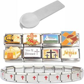 Set of 8 Christian Theme Italian Charms Plus Starter Bracelet and Charm Tool - Set of Religious Charms Plus Cross Starter Bracelet and Charm Tool in Saudi Arabia