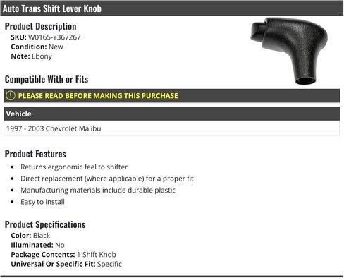 Automatic Transmission Shift Lever Knob - Black - Compatible with 1997-2003 Chevy Malibu in Saudi Arabia