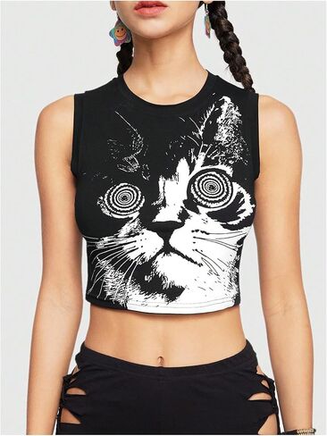 Floerns Women's Punk Animal Print Sleeveless Shirts Crew Neck Cute Crop Tank Top in Saudi Arabia
