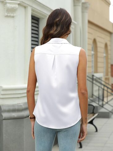 Mawor Womens Silk Satin Sleeveless Button Down Shirts Blouses Solid Casual Loose V Neck Classic Tank Tops for Work Office in Kuwait