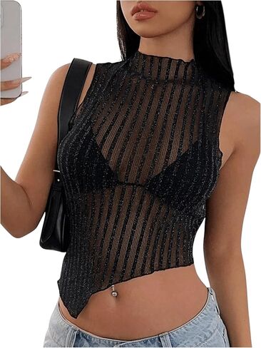 Milumia Women's Glitter Sheer Mesh Top Mock Neck Asymertrical See Through Crop Tops Clubbing Rave in Saudi Arabia