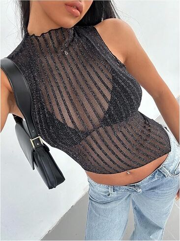 Milumia Women's Glitter Sheer Mesh Top Mock Neck Asymertrical See Through Crop Tops Clubbing Rave in Saudi Arabia