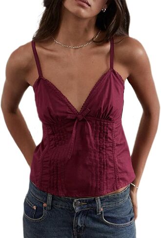 Women Y2k Babydoll Cami Top Sexy Lace Ruffle V Neck Spaghetti Strap Peplum Tank Tops Coquette Going Out Streetwear in Saudi Arabia