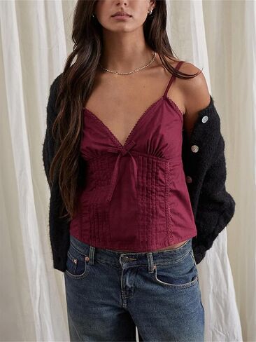 Women Y2k Babydoll Cami Top Sexy Lace Ruffle V Neck Spaghetti Strap Peplum Tank Tops Coquette Going Out Streetwear in Saudi Arabia