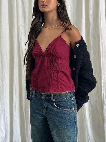 Women Y2k Babydoll Cami Top Sexy Lace Ruffle V Neck Spaghetti Strap Peplum Tank Tops Coquette Going Out Streetwear in Saudi Arabia