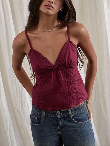 Women Y2k Babydoll Cami Top Sexy Lace Ruffle V Neck Spaghetti Strap Peplum Tank Tops Coquette Going Out Streetwear in Saudi Arabia