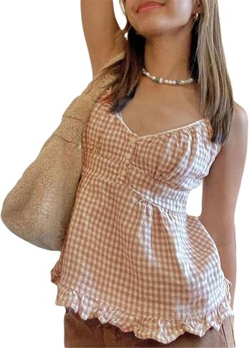 Women Y2k Babydoll Cami Top Sexy Lace Ruffle V Neck Spaghetti Strap Peplum Tank Tops Coquette Going Out Streetwear in Kuwait