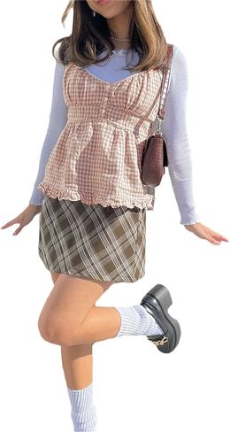 Women Y2k Babydoll Cami Top Sexy Lace Ruffle V Neck Spaghetti Strap Peplum Tank Tops Coquette Going Out Streetwear in Kuwait