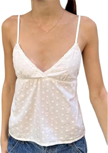 Women Y2k Babydoll Cami Top Sexy Lace Ruffle V Neck Spaghetti Strap Peplum Tank Tops Coquette Going Out Streetwear in Saudi Arabia