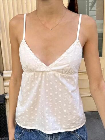 Women Y2k Babydoll Cami Top Sexy Lace Ruffle V Neck Spaghetti Strap Peplum Tank Tops Coquette Going Out Streetwear in Saudi Arabia
